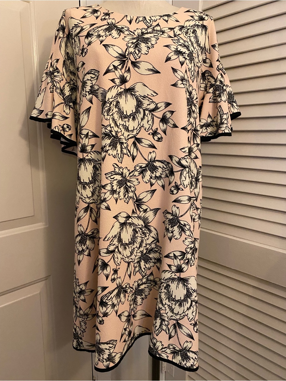 Luxology Pink Floral Midi Dress with Black Floral Print- Size 10